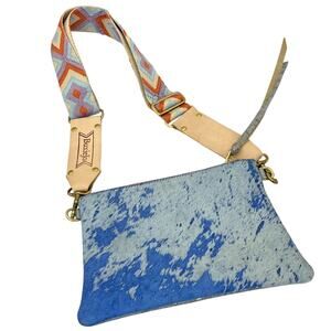 BuxieJo Blue Hair On Cowhide Crossbody Bag Purse Croc Embossed Leather Metallic